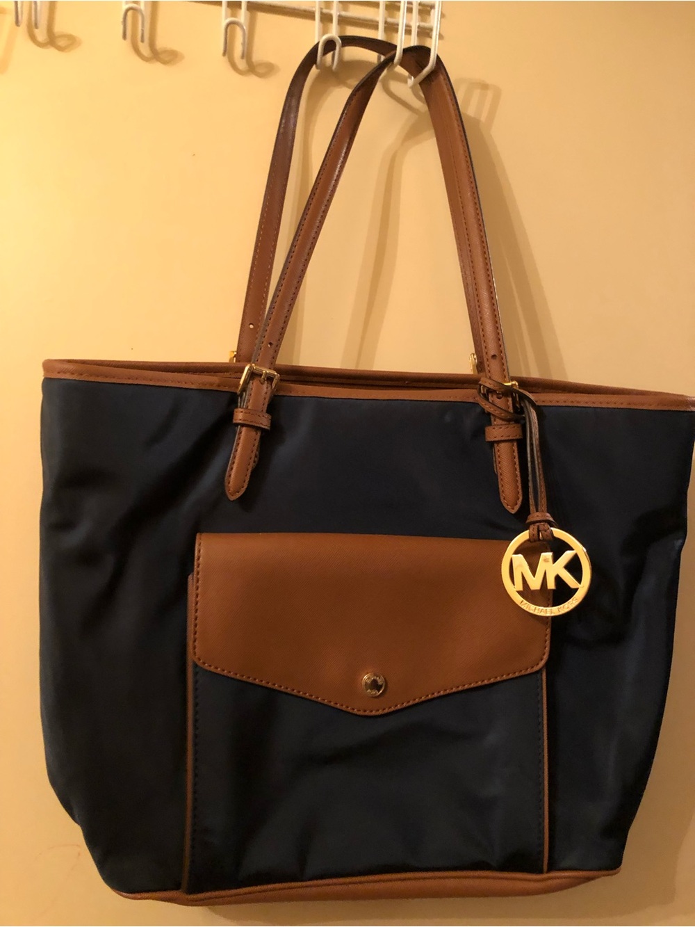 Michael Kors Navy and Brown Leather-Trim Tote